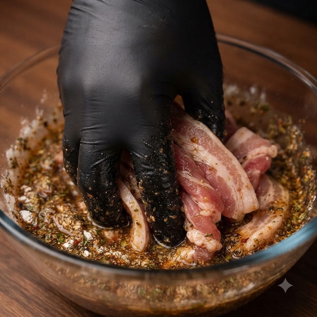 Una mano guantata che mescola costolette di manzo crude con gli ingredienti della marinata in una ciotola di vetro.