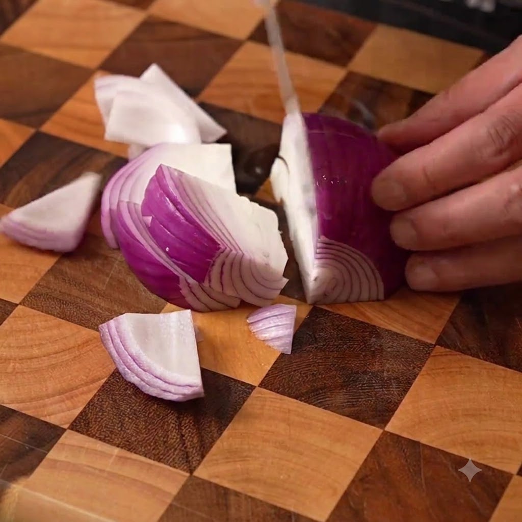 Una cipolla tagliata a pezzi grossi su un tagliere di legno con un coltello.