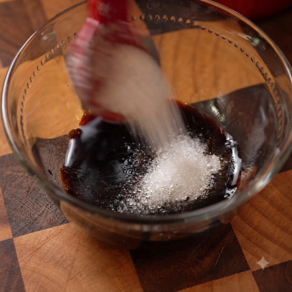 Una piccola ciotola di vetro contenente gli ingredienti della salsa al pepe nero mentre un cucchiaio rosso versa lo zucchero nel composto.