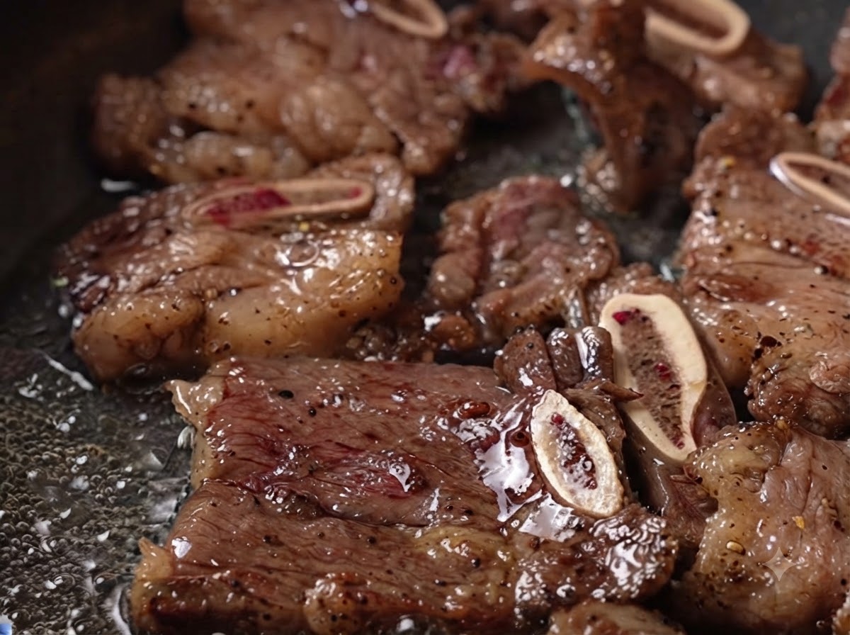Costolette di manzo marinate con sezioni di osso che cuociono e dorano in padella.