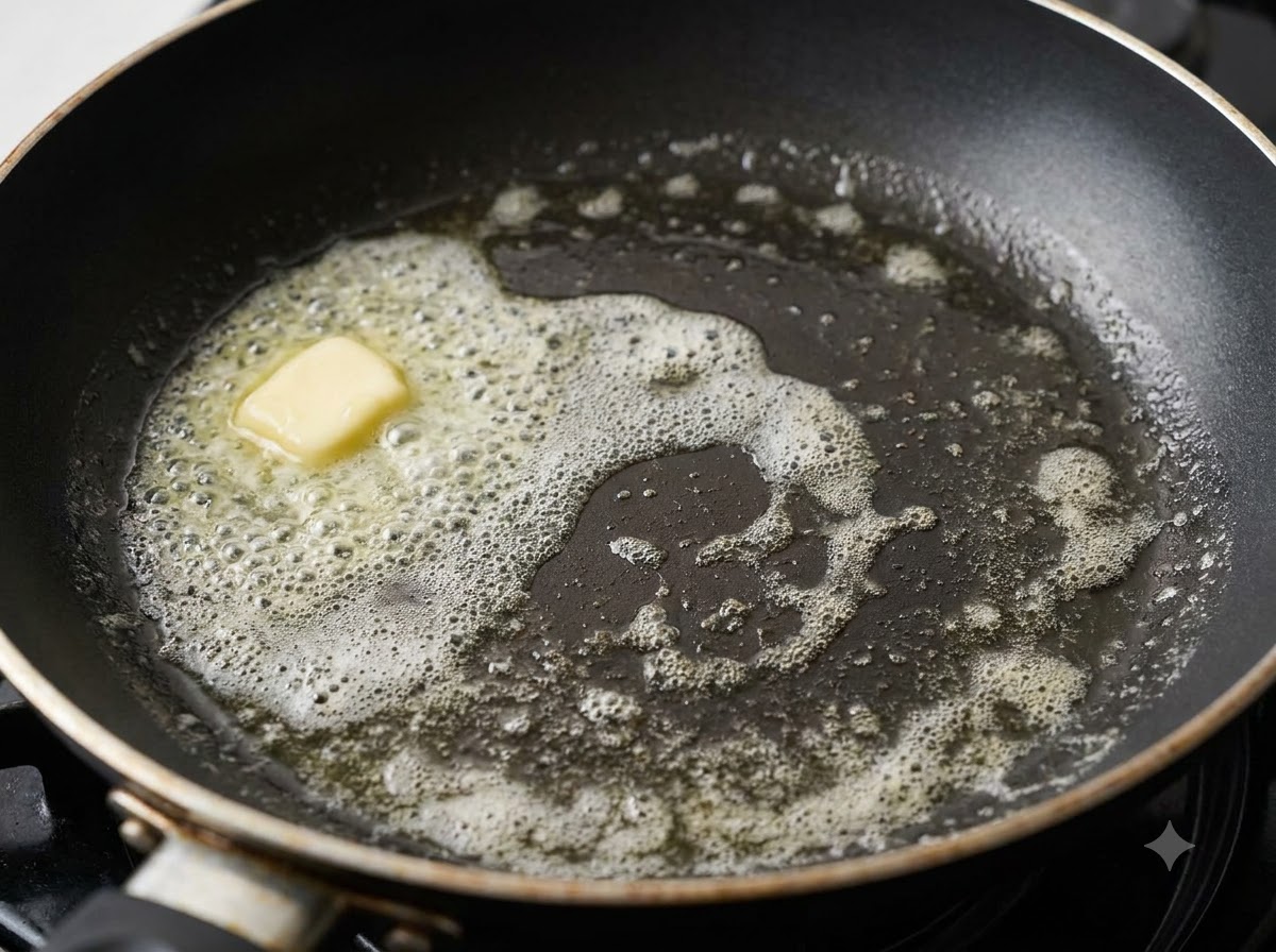 Una noce di burro che si scioglie e fa la schiuma in una padella calda.