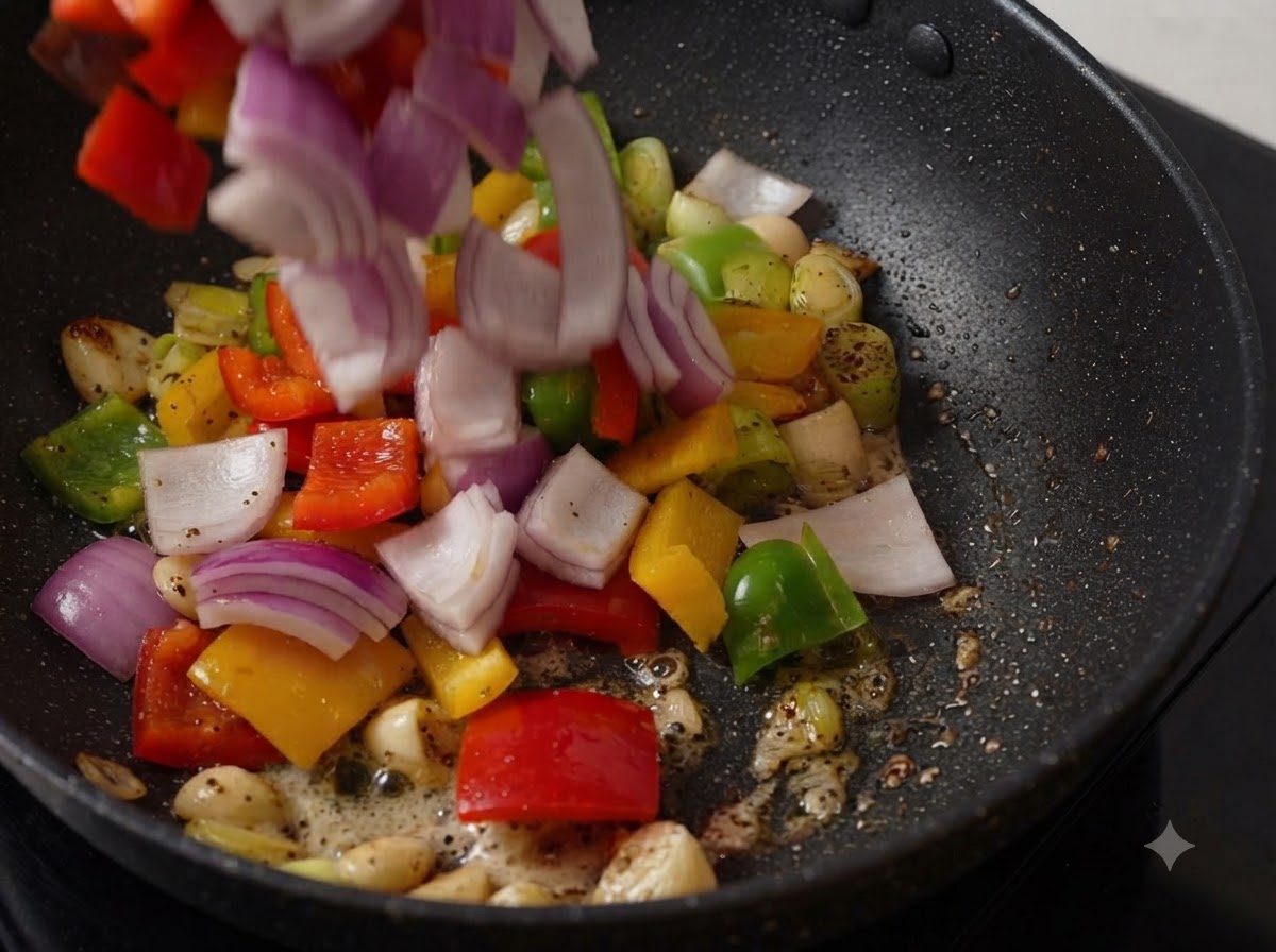 Cipolle viola tritate e peperoni multicolore buttati in una padella con aromi saltati.