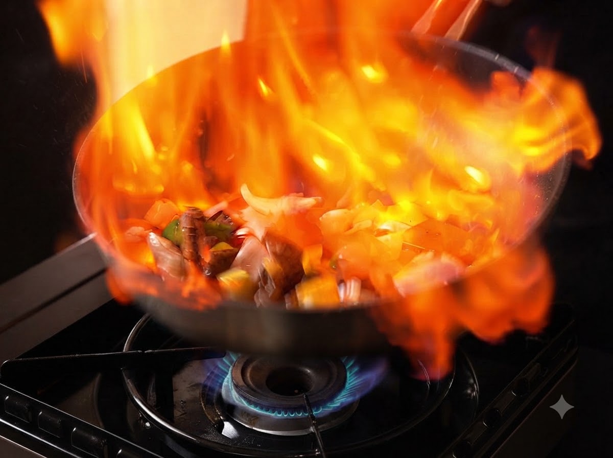 Una grande fiamma avvolge la padella durante il processo di flambé con manzo e verdure.