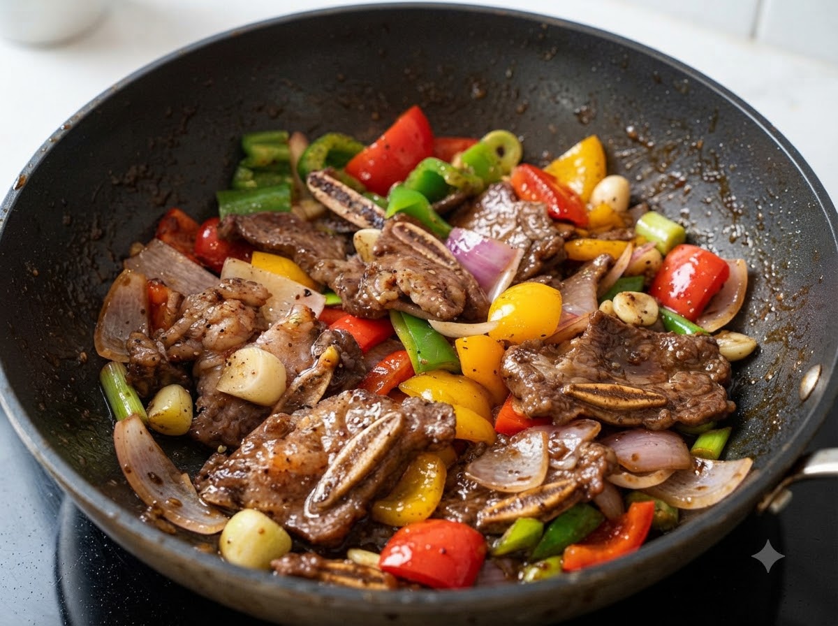 Salsa al pepe nero scura versata su costolette di manzo e verdure in una padella.
