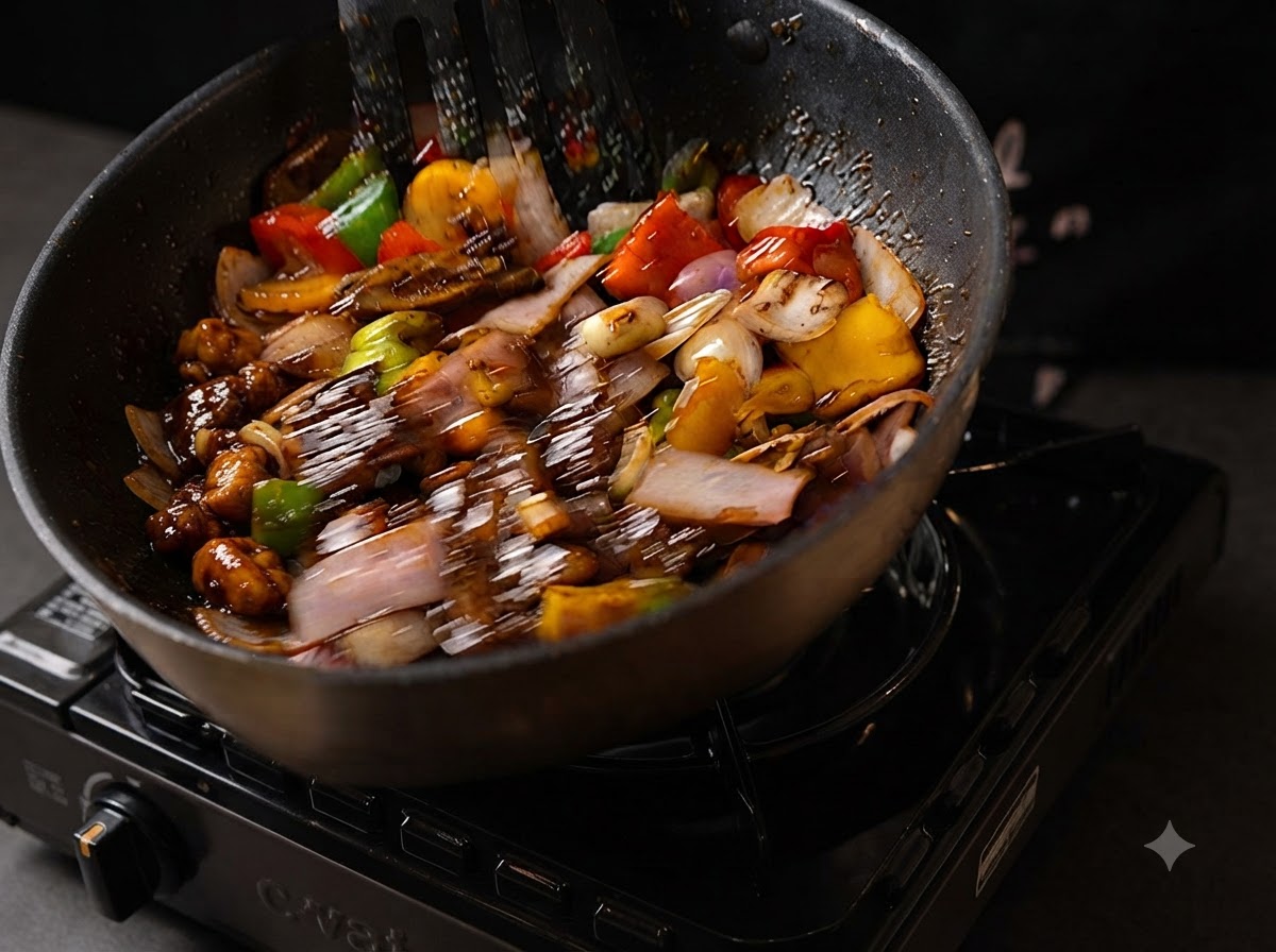 Una spatola che mescola manzo e verdure in una salsa al pepe nero densa e lucida.