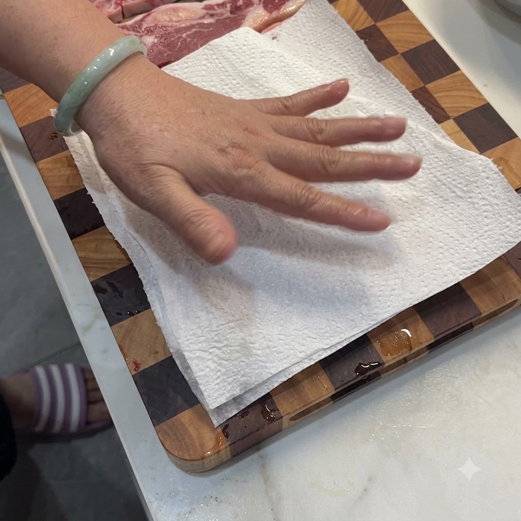 Una mano che preme carta assorbente sulle costolette di manzo crude su un tagliere per rimuovere lumidità.