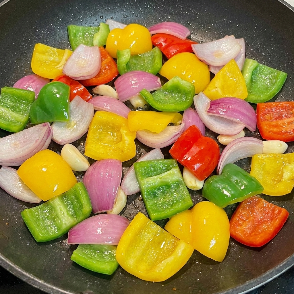 Pezzi di peperone verde, peperone giallo e cipolla rossa mescolati in una padella.
