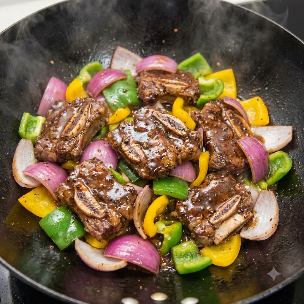 Salsa al pepe nero versata su costolette scottate e verdure miste in un wok.