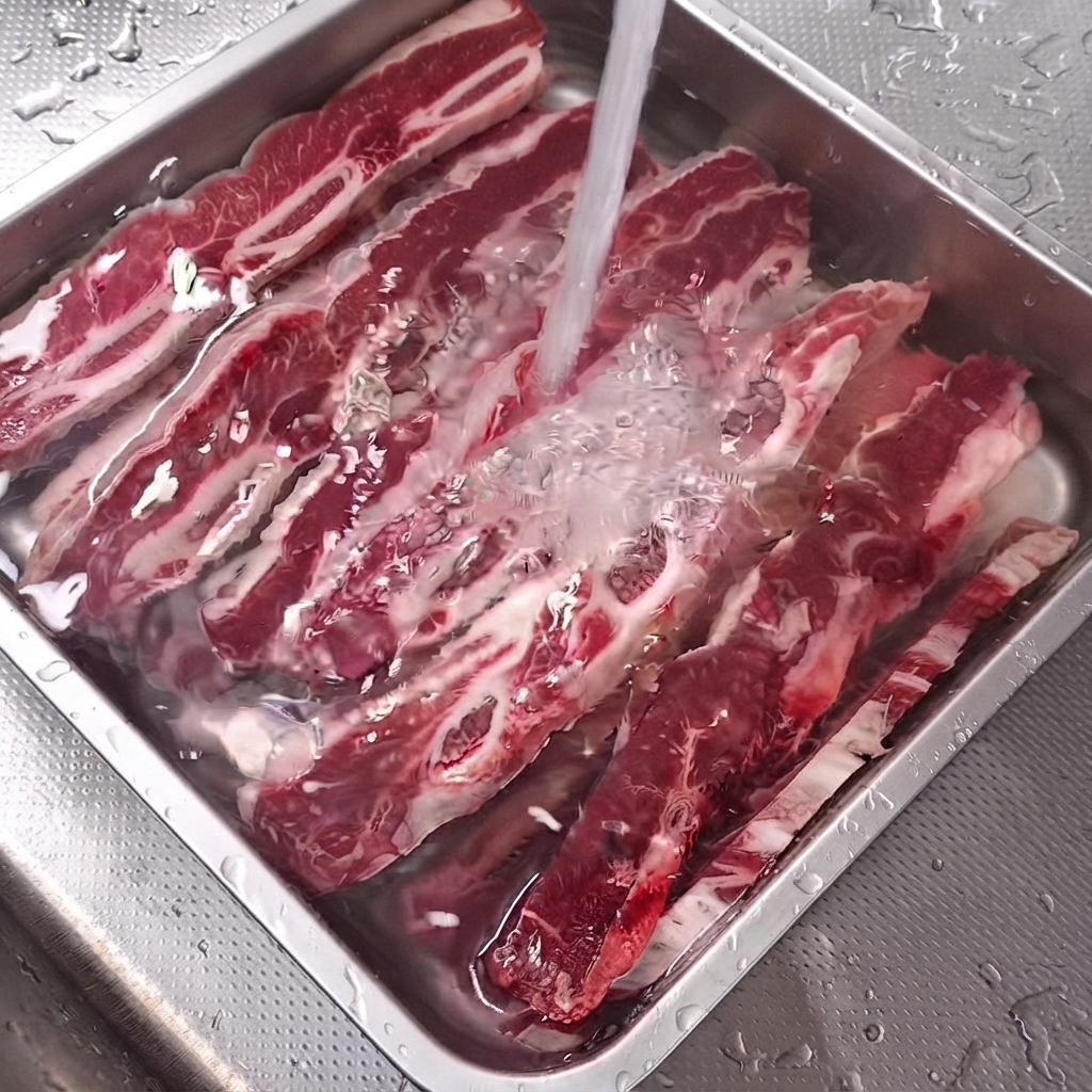 Costine di LA Galbi crude sommerse in un vassoio di acciaio inossidabile pieno dacqua.