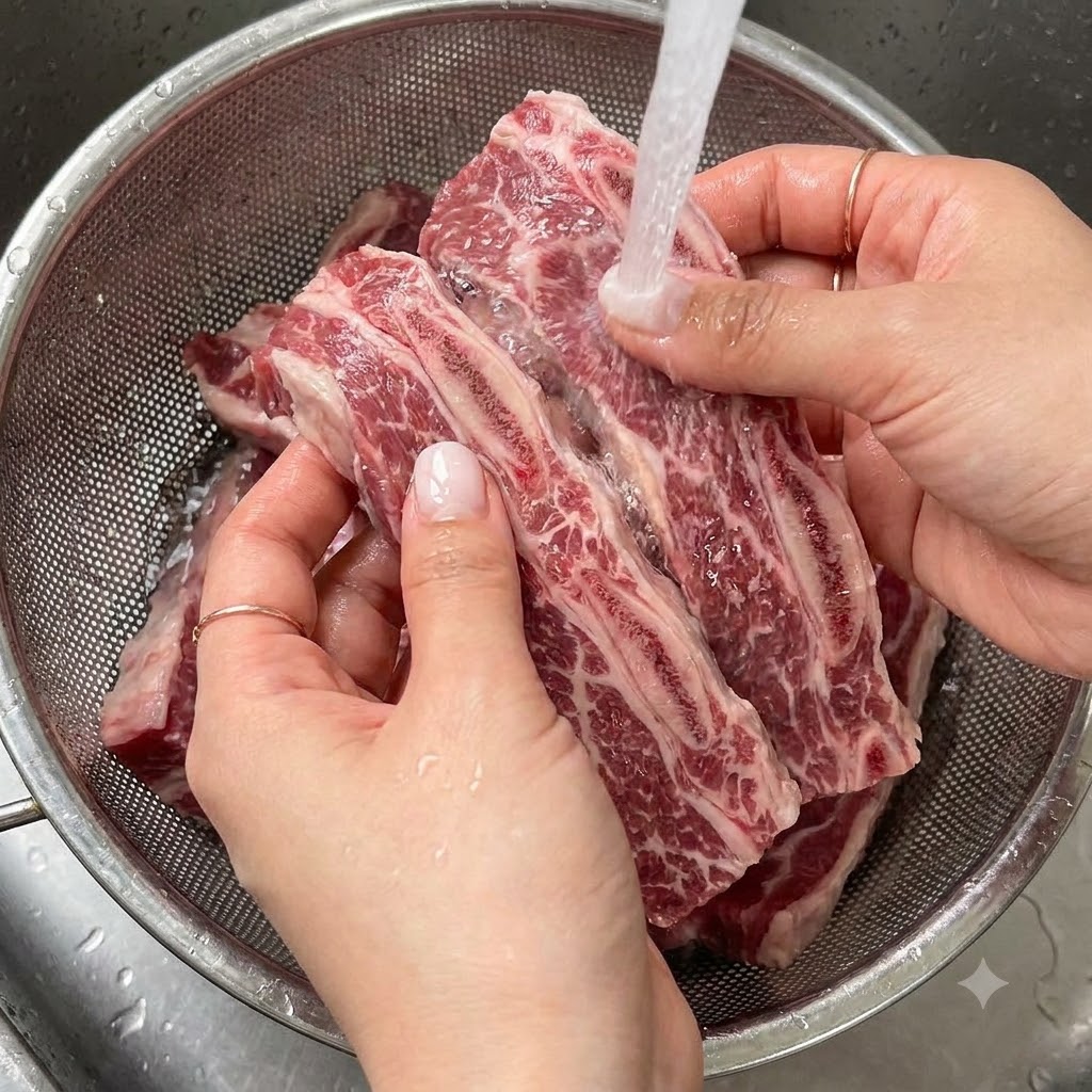 Costine di manzo LA Galbi fresche sciacquate sotto lacqua corrente del rubinetto in un colino.