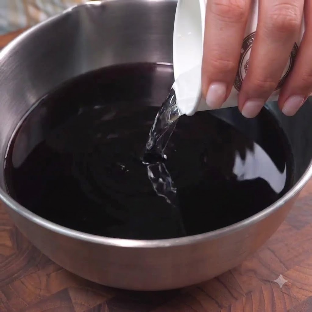 Acqua e salsa di soia scura versate da una tazza di carta in una grande ciotola di miscelazione in acciaio inossidabile.