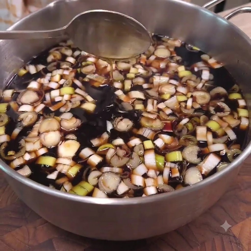 Un cucchiaio che mescola un grande lotto di marinata per LA Galbi fatta in casa carica di cipollotti tritati.