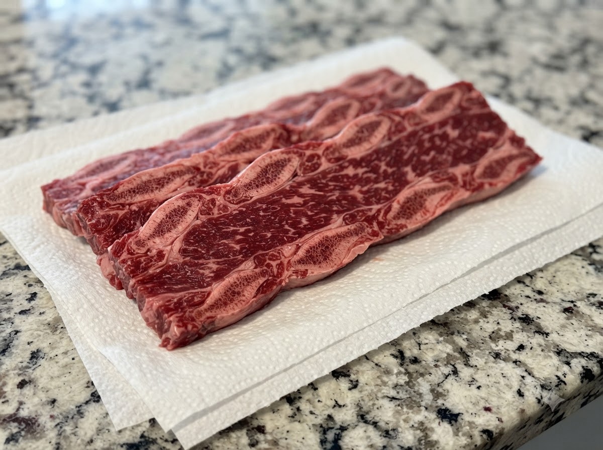 Costine di manzo fresche disposte su carta da cucina pulita su una superficie di lavoro.
