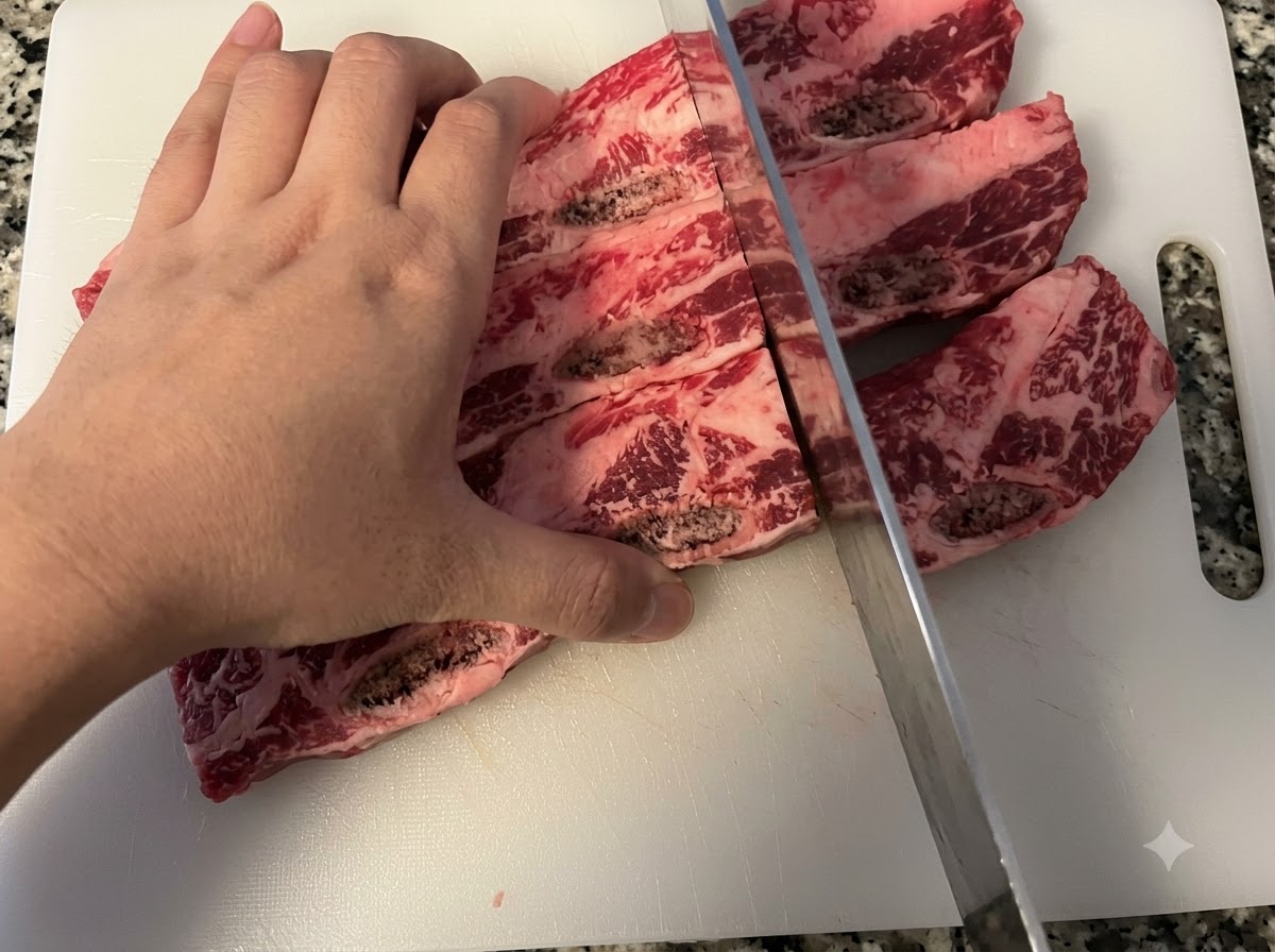 Una mano che tiene un coltello mentre affetta costine di manzo crude su un tagliere bianco.