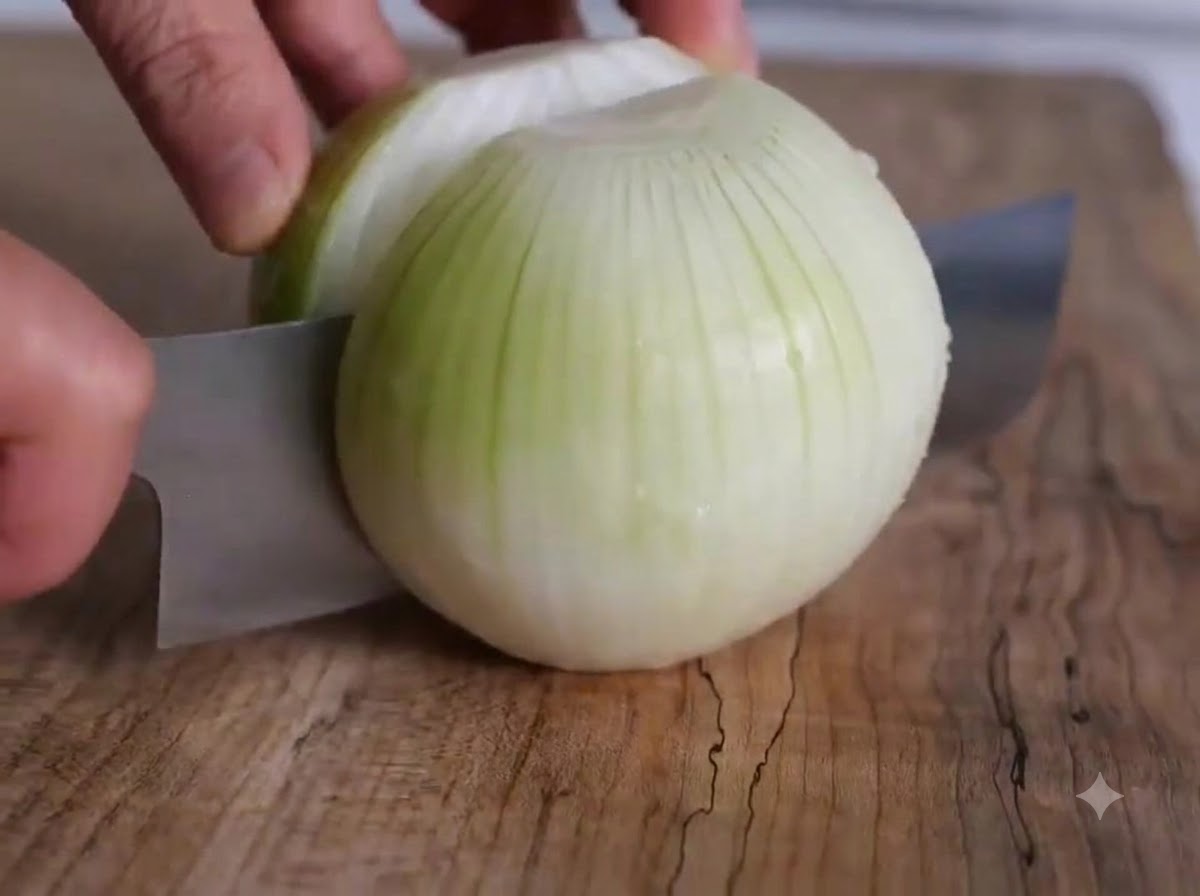 Una cipolla e una pera tagliate con un coltello su un tagliere di legno accanto a spicchi daglio pelati.