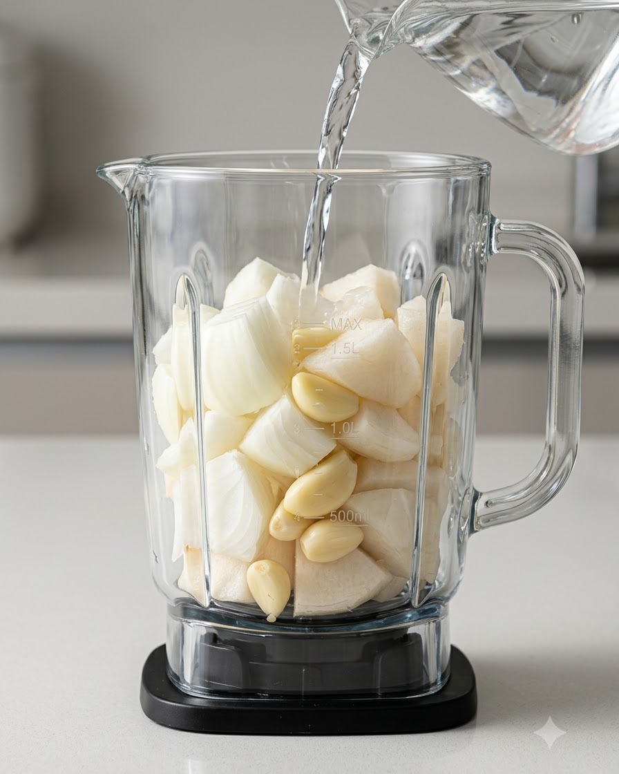 Pezzi di cipolla, pera e aglio tritati frullati con acqua allinterno di un frullatore in vetro trasparente.