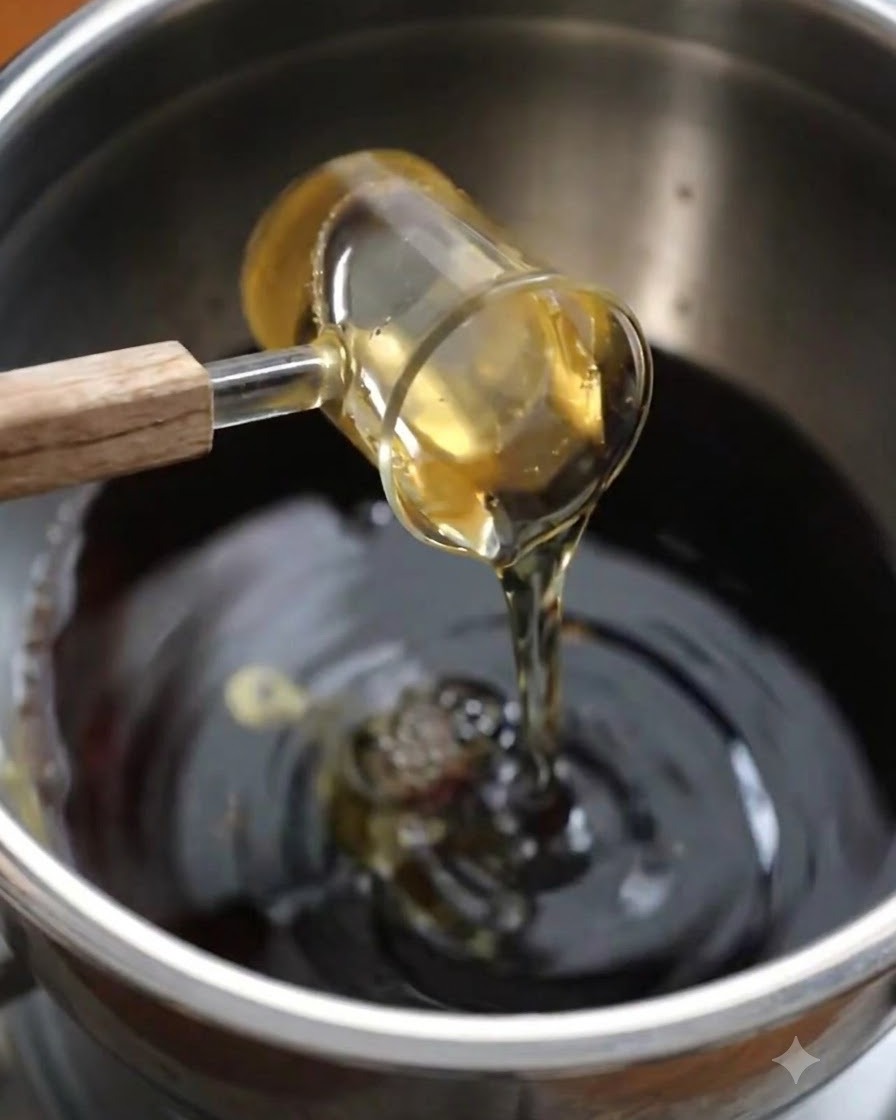 Sakè, zucchero bianco e succo di frutta versati nella miscela di liquidi speziati in una ciotola.
