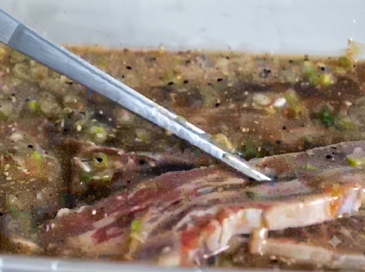 Costine di manzo marinate sistemate allinterno di una padella riscaldata per la cottura.
