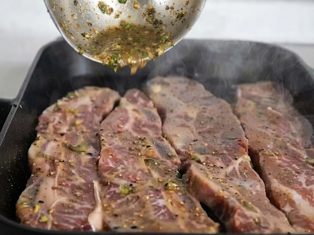 Ulteriore salsa di marinata versata sopra le costine in cottura nella padella.