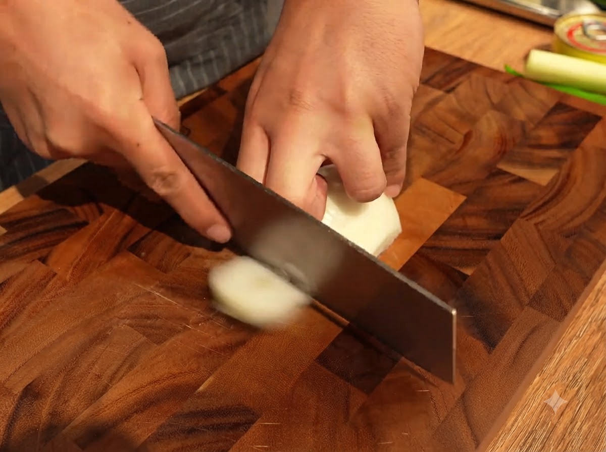 Tagliare metà di una cipolla bianca a strisce su un tagliere di legno con una mannaia.