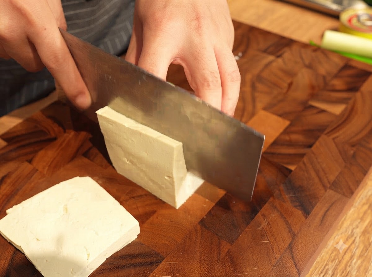 Tagliare un blocco di tofu bianco sodo in spesse fette rettangolari.