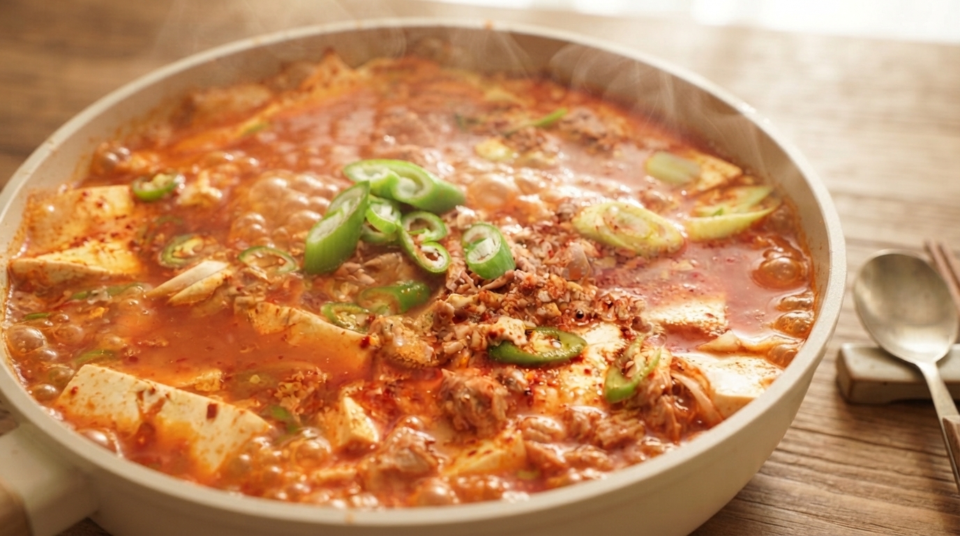 Una padella bassa di tofu stufato coreano ribollente, con spesse fette di tofu e pezzi di tonno in un vivace brodo di peperoncino rosso guarnito con peperoncini verdi freschi.
