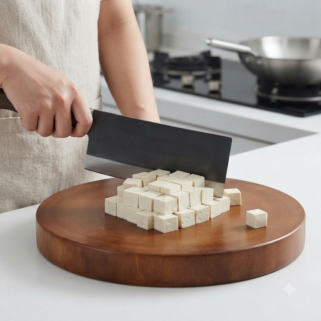 Un panetto di tofu bianco tagliato a piccoli cubetti con un coltello da cucina su un tagliere di legno.