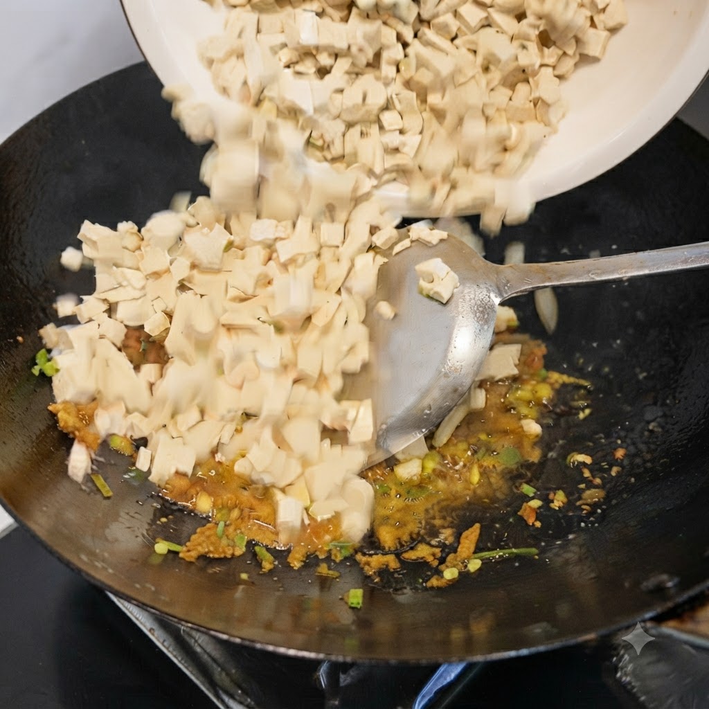 Tofu a cubetti versato da una ciotola bianca in un wok contenente aromi cotti.