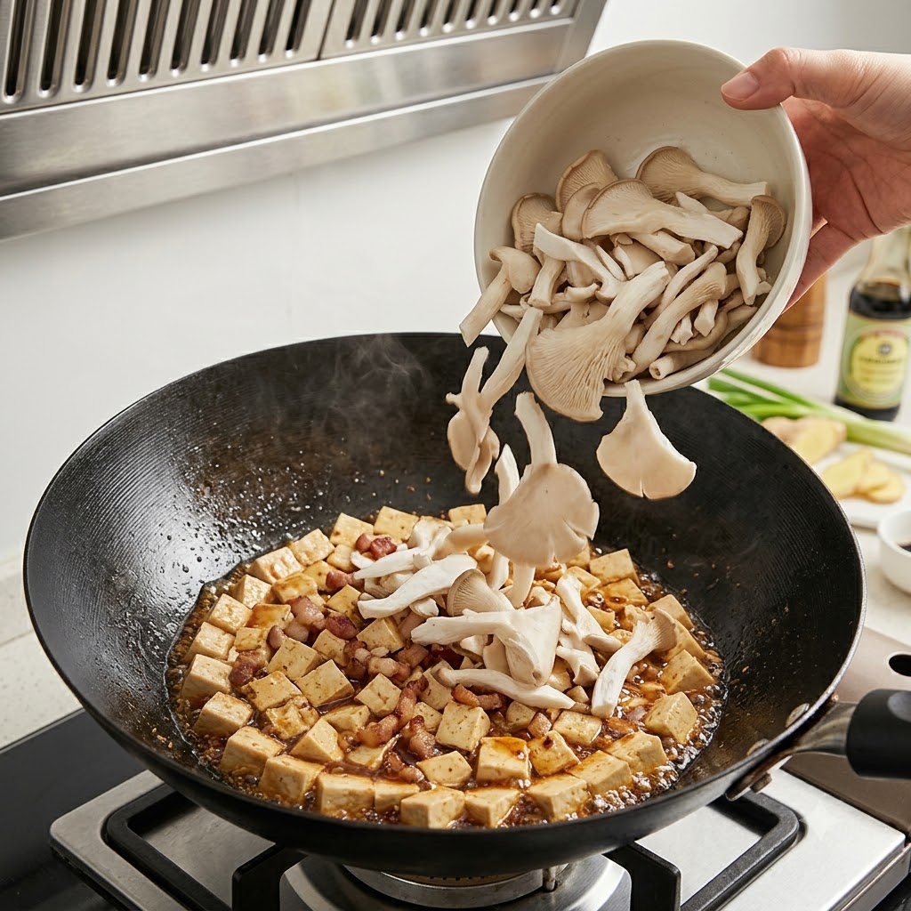 Funghi orecchioni affettati versati da una ciotola in un wok pieno di tofu e pezzetti di maiale.