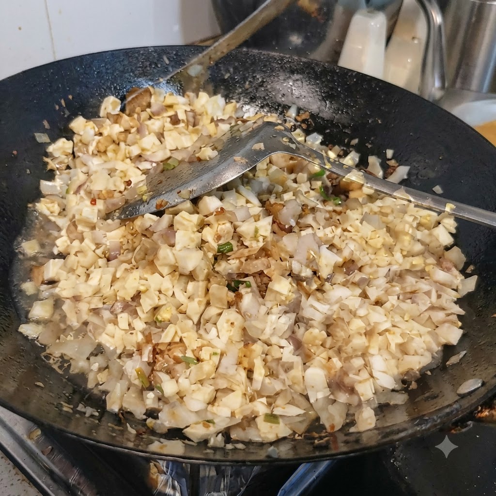 Sale aggiunto alla miscela di tofu a cubetti e funghi orecchioni in un wok.