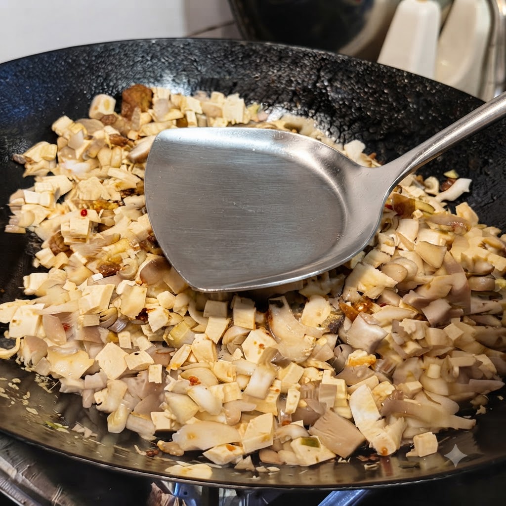 Acqua versata in un wok contenente tofu a cubetti e funghi.