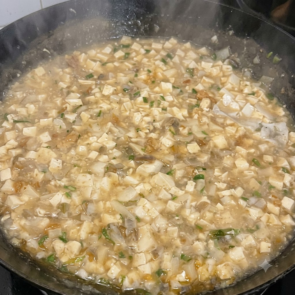 Pastella di fecola di mais versata nella zuppa ribollente per addensarla.