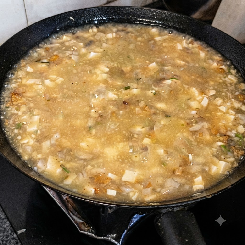 Pepe bianco in polvere cosparso sulla superficie della zuppa.