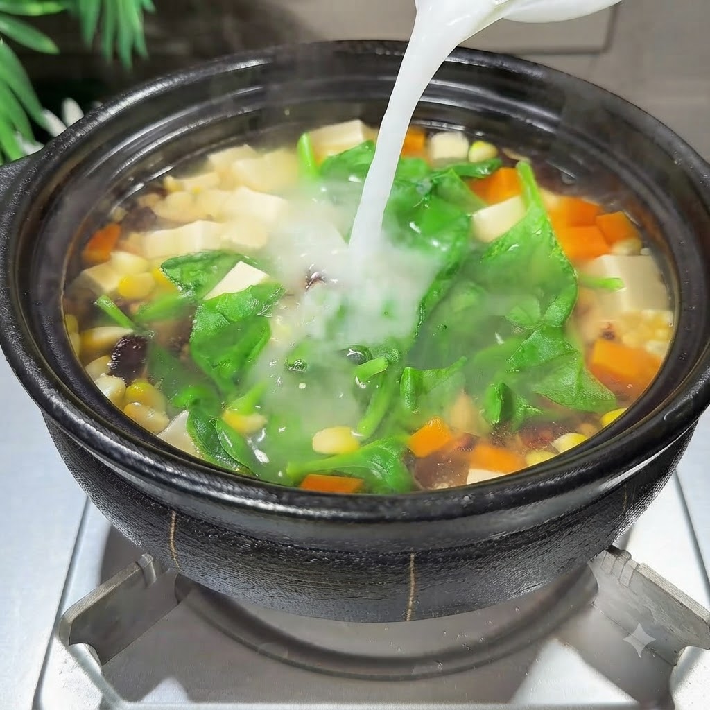 Pastella di amido di mais versata nella pentola che sobbolle con verdure e verdure a foglia.