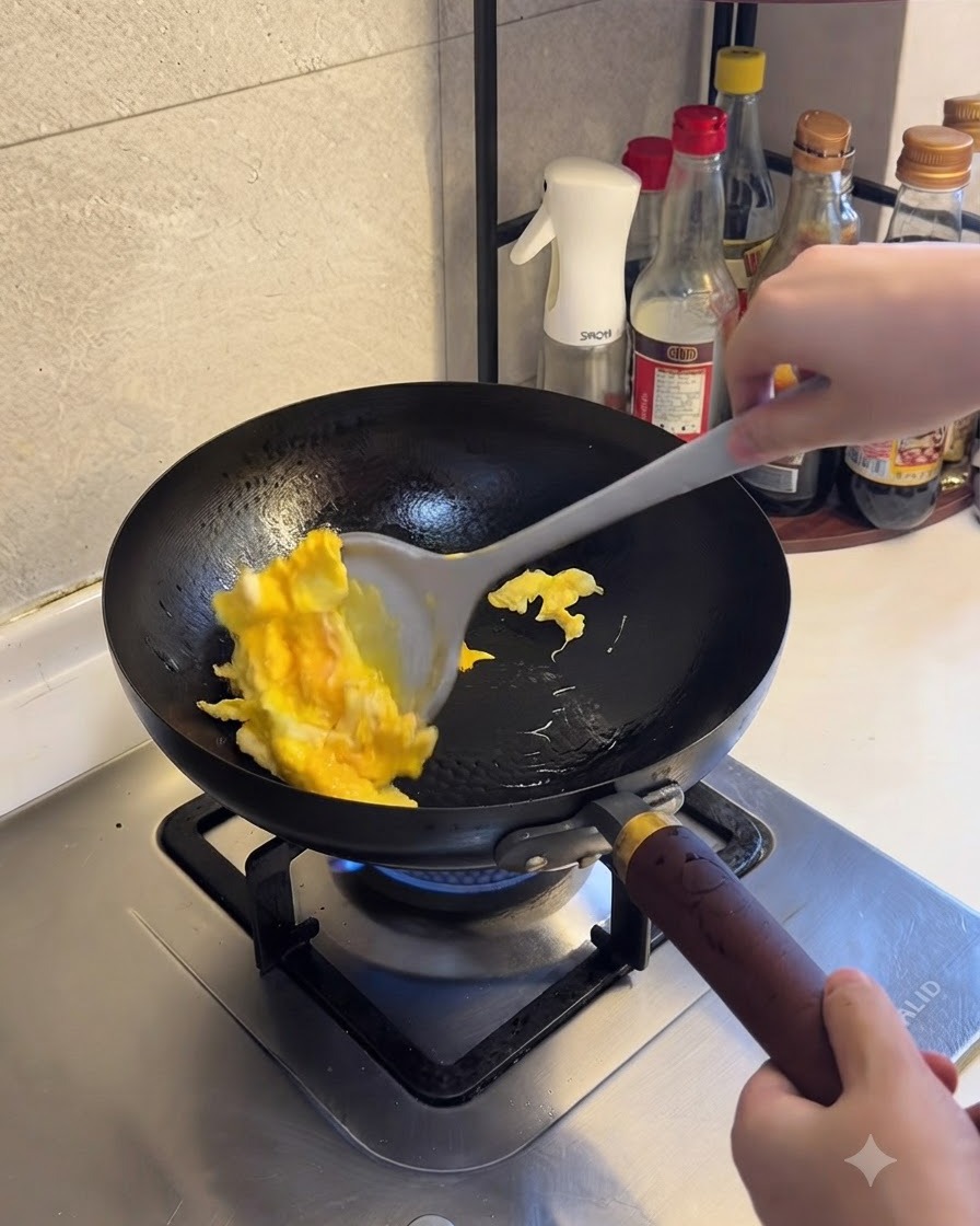 Uovo cotto spezzato in pezzi più piccoli con una spatola nella padella.