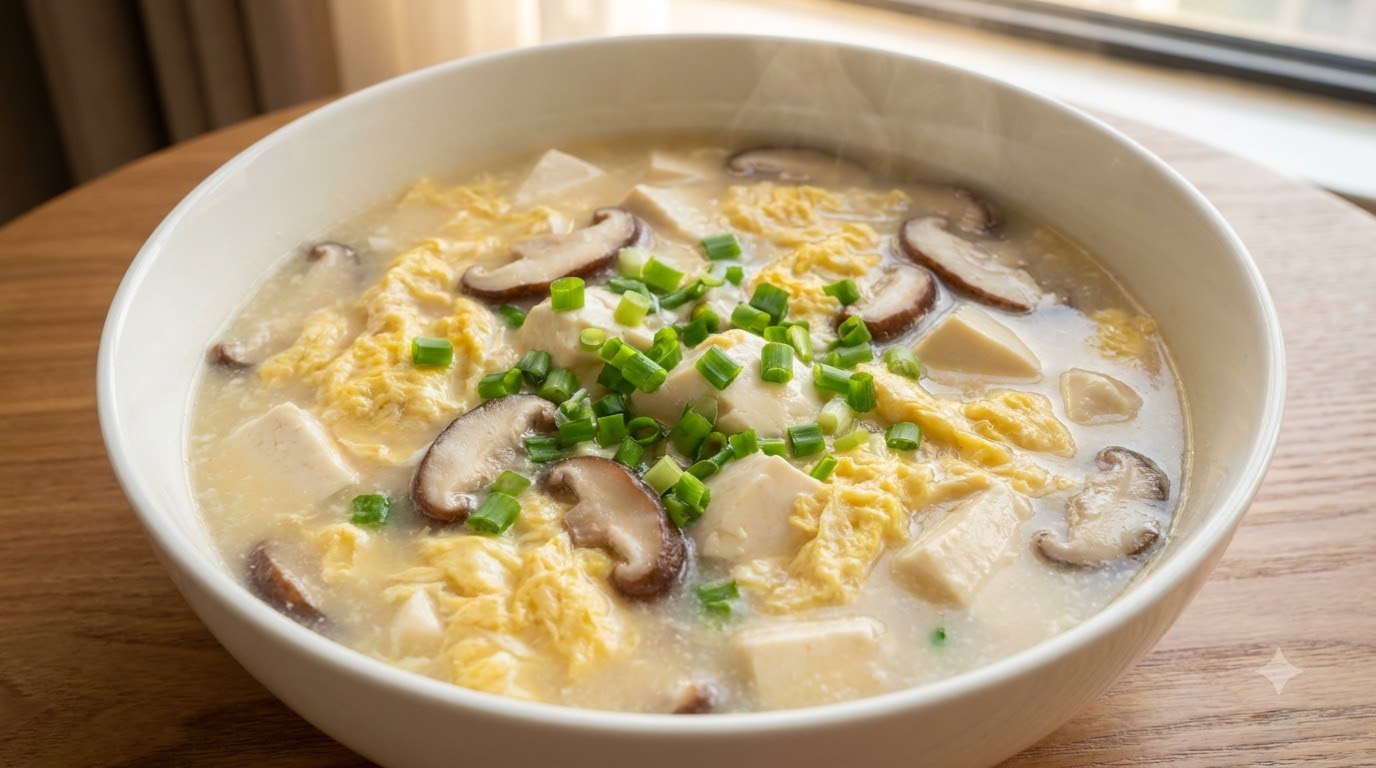 Zuppa Comfort di Funghi, Tofu e Uova