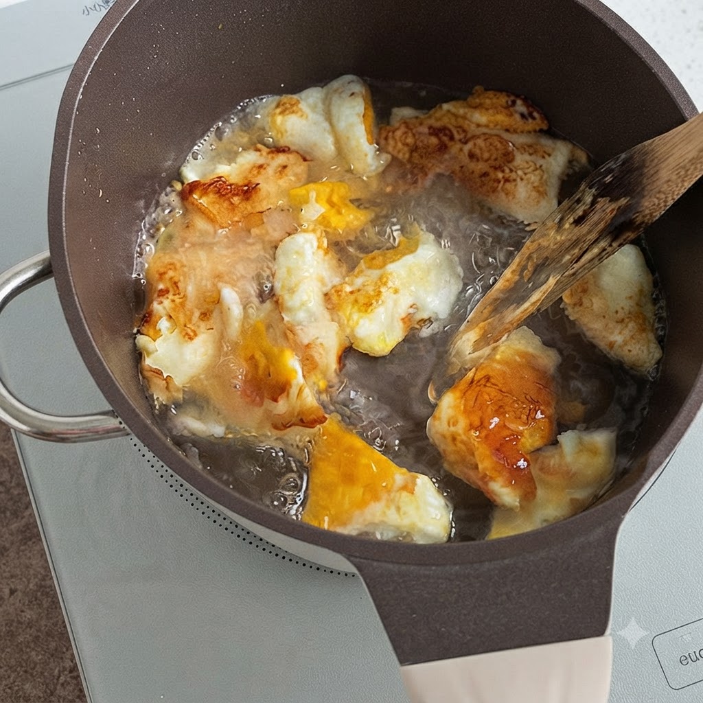 Acqua bollente che bolle vigorosamente sopra pezzi dorati di uovo fritto in una pentola mentre viene mescolata.