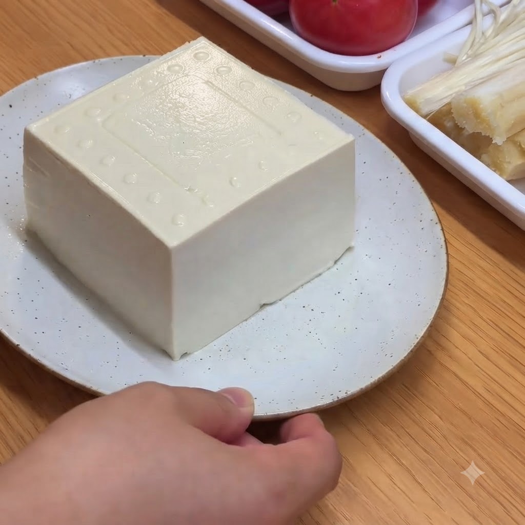 Un blocco di tofu bianco morbido tagliato a piccoli cubetti rettangolari su un piatto bianco.