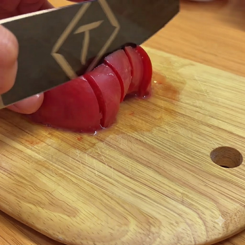 Pomodori rossi tagliati a piccoli pezzi su un tagliere di legno con un coltello.