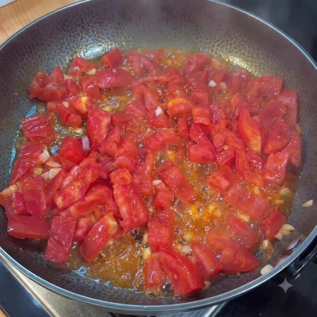 Pomodori tritati che cuociono riducendosi in uno stato polposo e succoso in una padella dopo essere stati salati.