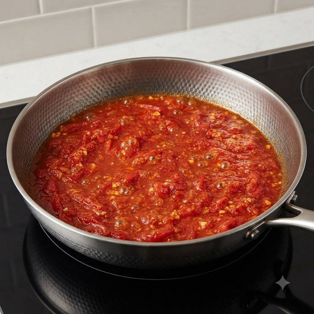 Acqua versata in una padella con una ricca base di pomodoro cotta, che bolle sul fornello.