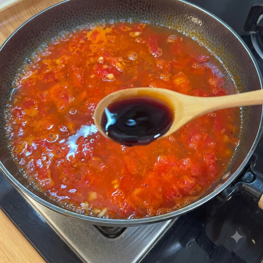 Un cucchiaio di legno che aggiunge salsa di soia chiara in una pentola di base di zuppa di pomodoro bollente.