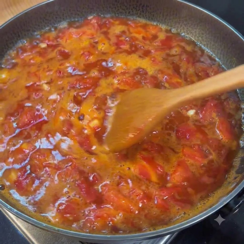 Funghi enoki freschi aggiunti in una pentola di zuppa di pomodoro bollente.