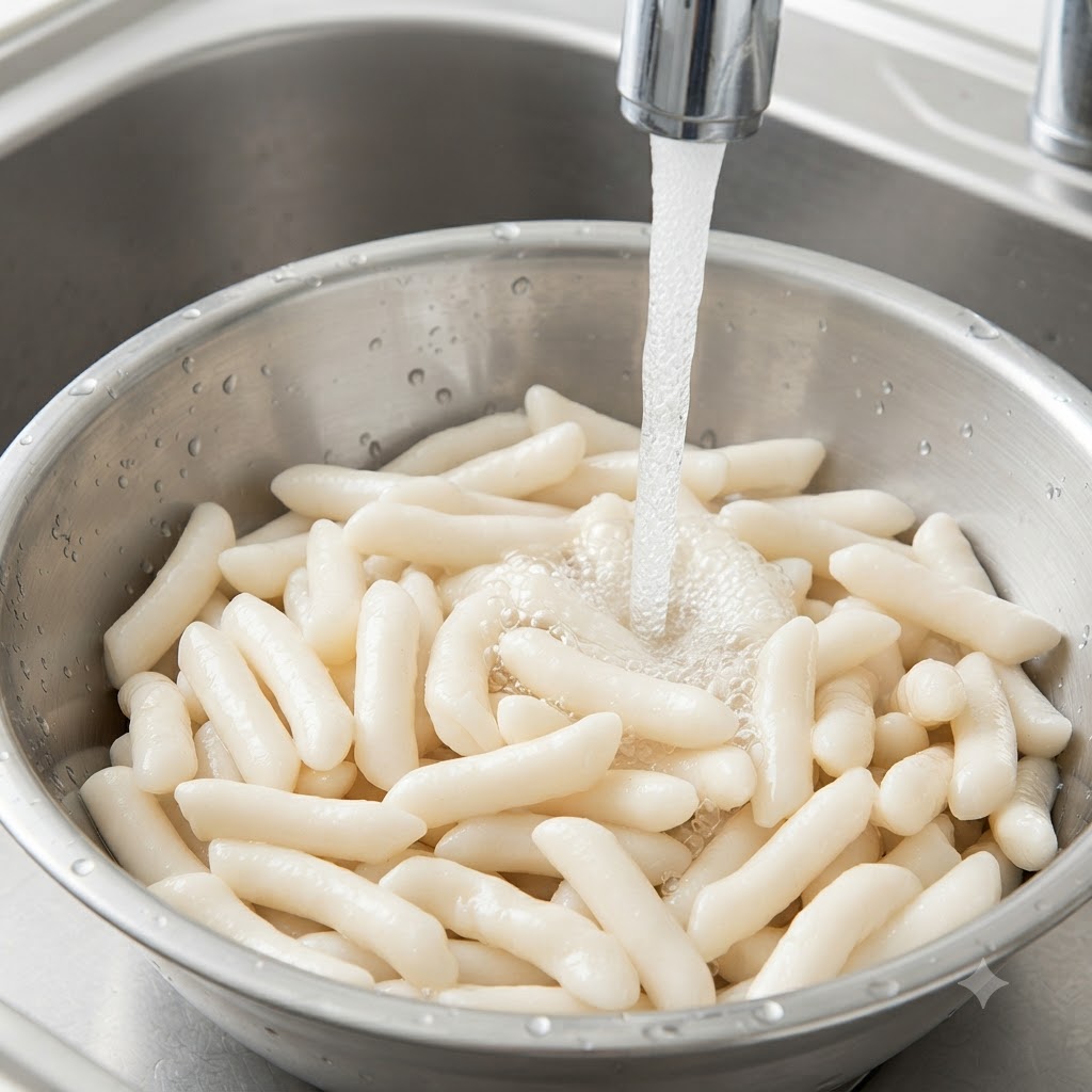 Gnocchi di riso lavati accuratamente in una ciotola di metallo sotto lacqua corrente.