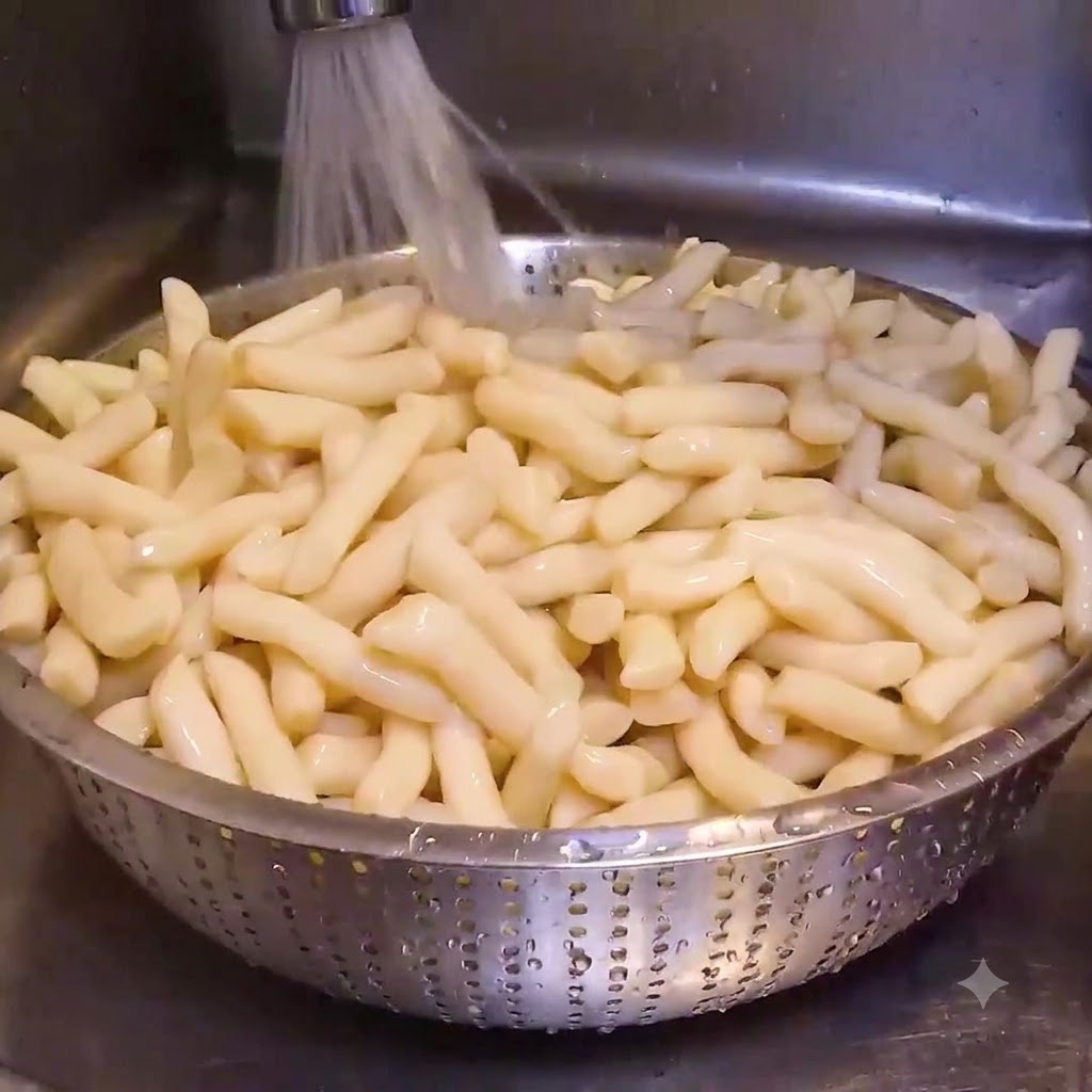 Gnocchi di riso fatti a mano che si scolano in uno scolapasta in acciaio inossidabile sotto lacqua corrente.
