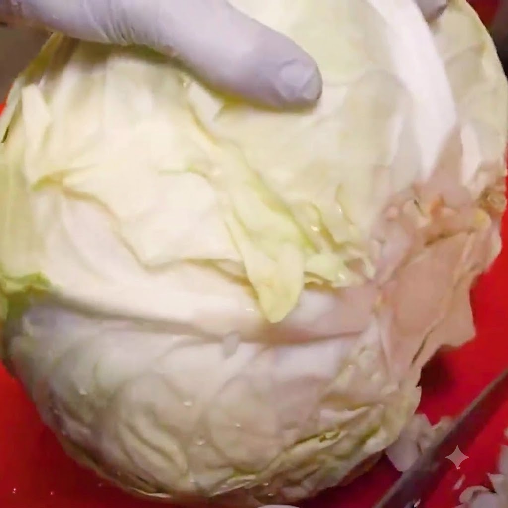 Un cespo di cavolo cappuccio tagliato a piccoli pezzi su un tagliere rosso.