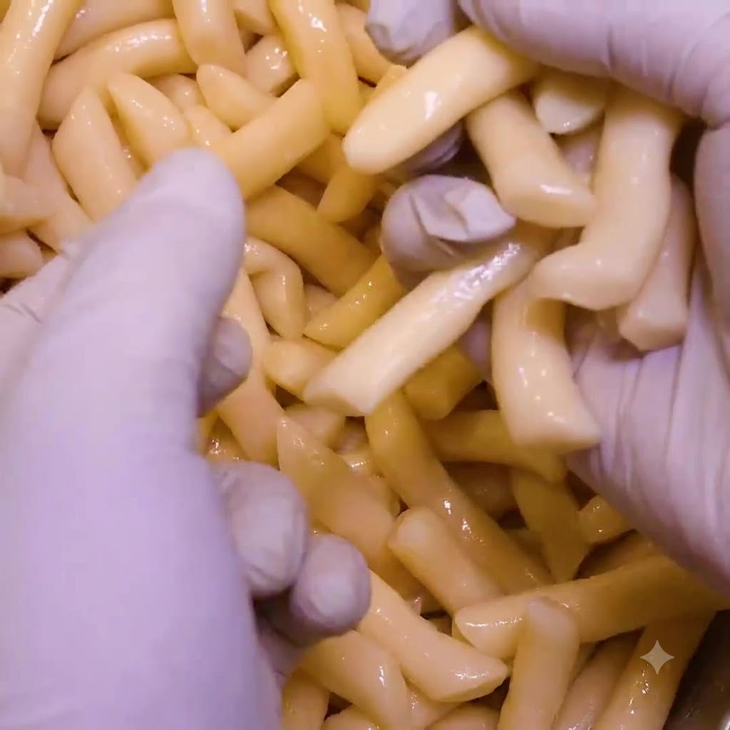 Mani con guanti che posizionano gnocchi di riso crudi fatti a mano sullo strato di cavolo.