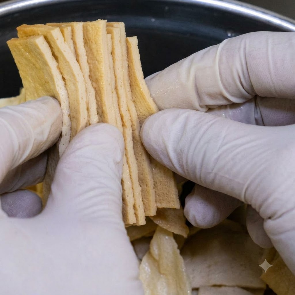 Mani con guanti che tengono e aggiungono sottili fette rettangolari di torta di pesce.