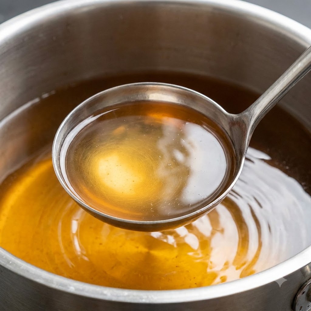 Un metallico mestolo che raccoglie brodo marrone chiaro da una grande pentola.