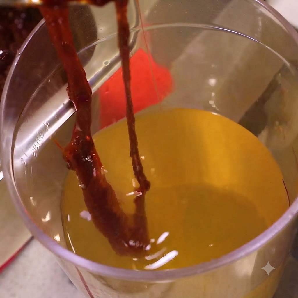 Salsa piccante rosso scuro mescolata e raccolta allinterno di un contenitore con brodo.